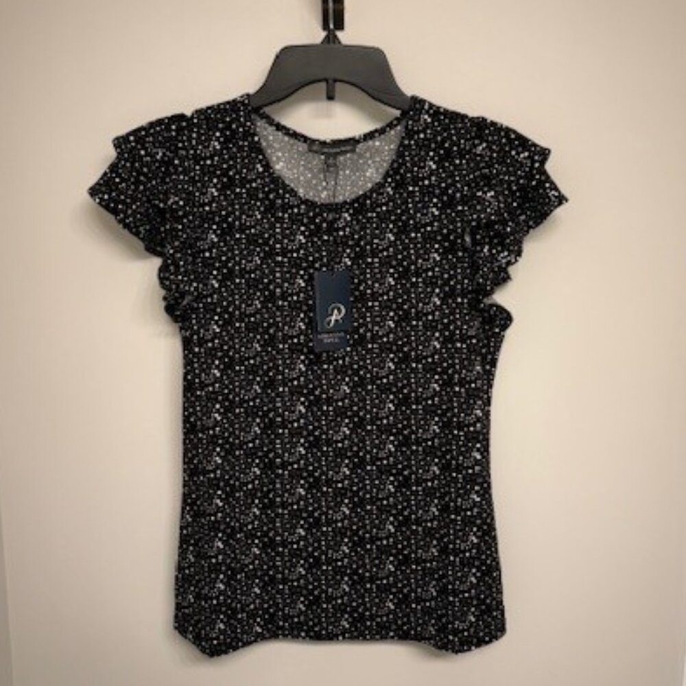 Adrianna Papell Double Flutter Sleeve Top Black with White Splatter Spots Small